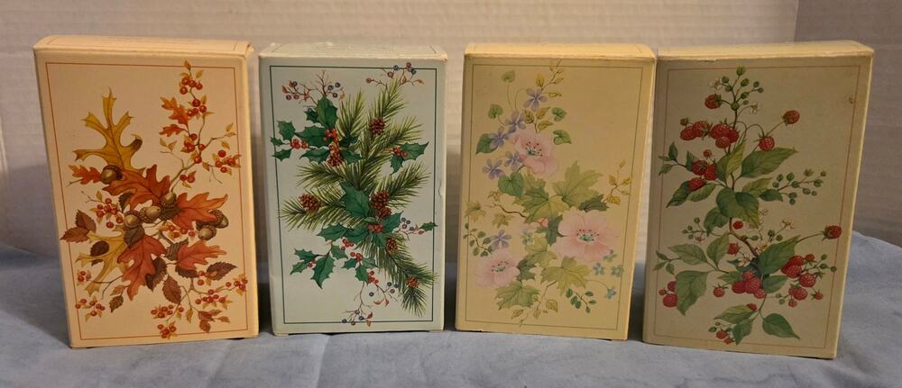 1984 Avon Four Seasons Porcelain Egg Set 4 Birds Wood Stands NOS Box